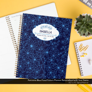 Agenda Nome Personalizado Feminino Padrão Floral Azul