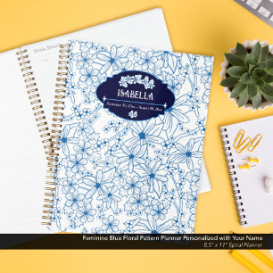 Agenda Nome Personalizado Feminino Padrão Floral Azul