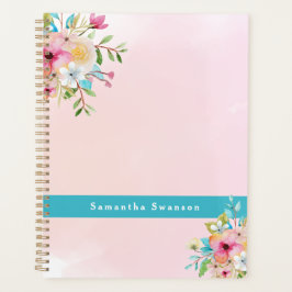 Agenda Nome Personalizado Floral do Turquesa Rosa Elegant