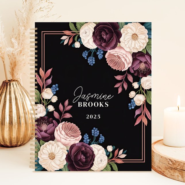 Agenda Nome Personalizado Floral Elegante Preto e Plum (Criador carregado)
