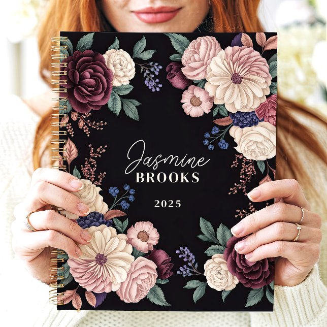 Agenda Nome Personalizado Floral Escuro Sofisticado (Criador carregado)