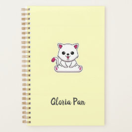 Agenda Nome personalizado gato branco fofo em amarelo