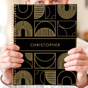 Agenda Nome Personalizado Geométrico Preto e Dourado Mode