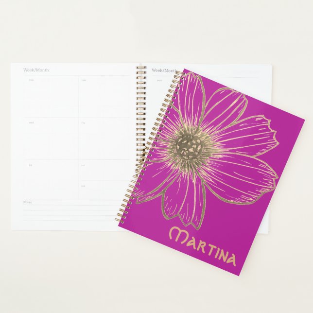 Agenda Nome personalizado Pink/ Dourado Flor design Plann (Exibição)