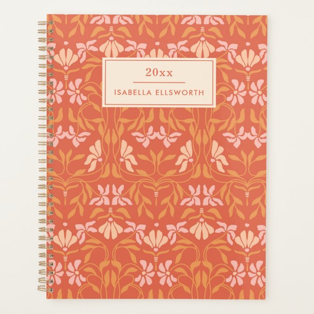 Agenda Nome Personalizado Retrô Laranja Botânico (Frente)