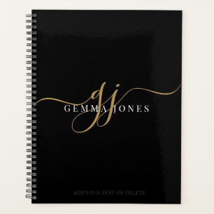 Agenda Nome Preto das Iniciais de Script Dourado do Monog