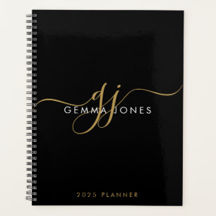 Agenda Nome Preto das Iniciais de Script Dourado do Monog