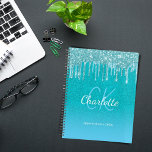 Agenda Nome verde aqua azul-teal<br><div class="desc">Um mar azul e alto,  fundo verde-brilhante do oceano. Decorado com pingos de brilho sujo,  aparência de pingar tinta. Personalize e adicione um nome,  letras monográficas e um título/ano. Um script estilo moderno,  escrito à mão,  letras brancas e azuis</div>