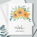 Agenda Nomes Personalizados de Sunflower Eucalyptus Green<br><div class="desc">Este planejador de compromissos florais é decorado com girassóis de cor d'água, eucalipto e folhagem em tons de amarelo, verde e ouro. Facilmente personalizável com seu nome e monograma. Porque nós criamos a nossa trabalho de arte, você não encontrará esta imagem exata de outros designers. Original Watercolor © Michele Davies....</div>