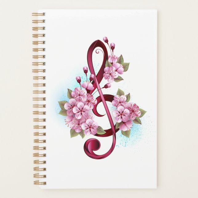 Agenda Notas de clave de trecho musical com flores de Sak (Frente)
