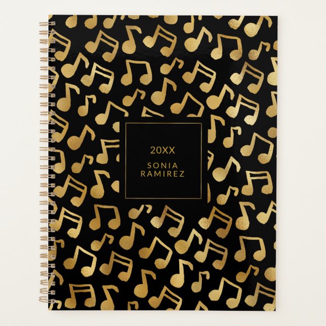 Agenda Notas de música pretas e Douradas (Frente)