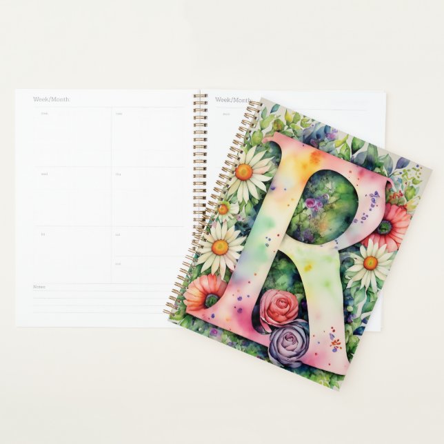 Agenda Notebook Personalizado com Letra R Floral Watercol (Exibição)