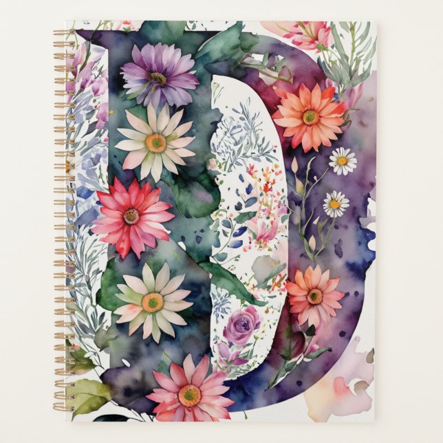 Agenda Notebook Personalizado - Letra D Floral Watercolor (Frente)