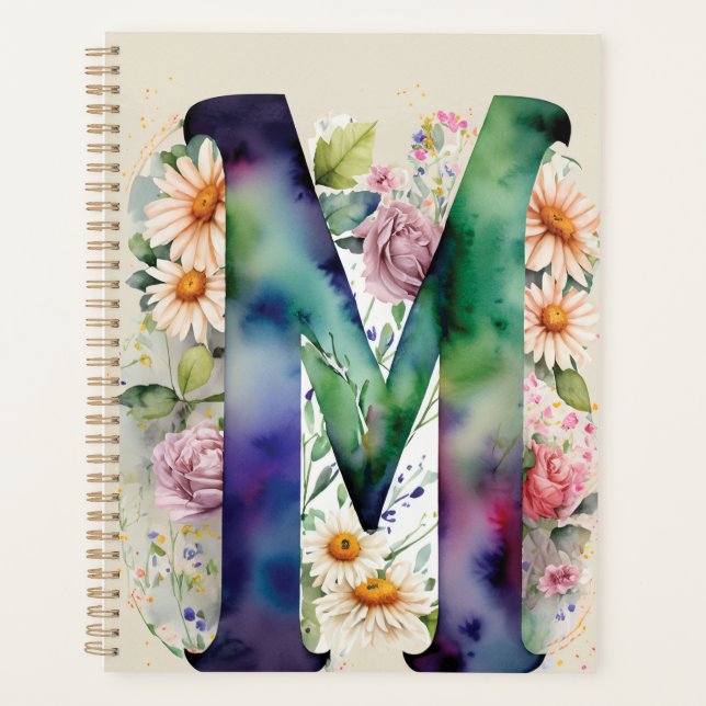 Agenda Notebook Personalizado - Letra M Floral Watercolor (Frente)