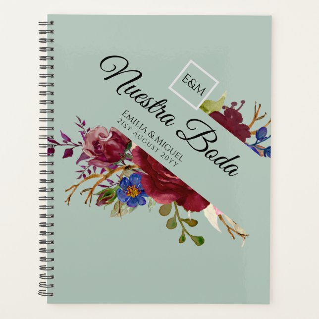 Agenda NUESTRA BODA de Flores Burdeos BURGUNDY (Frente)