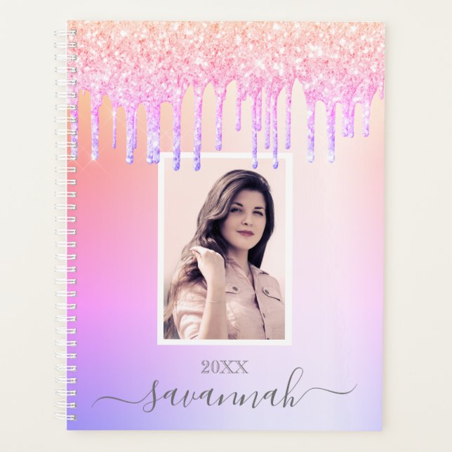 Agenda O brilho roxo rosa pisa uma foto personalizada (Frente)
