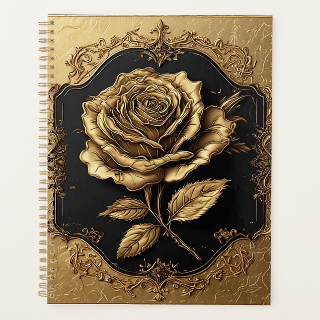 Agenda Obra de Arte Rosa Dourada com Elemento Decorativo  (Frente)