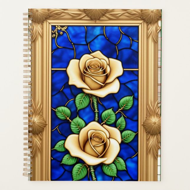 Agenda Obra de Arte Rosa Dourada Ornamentada (Frente)