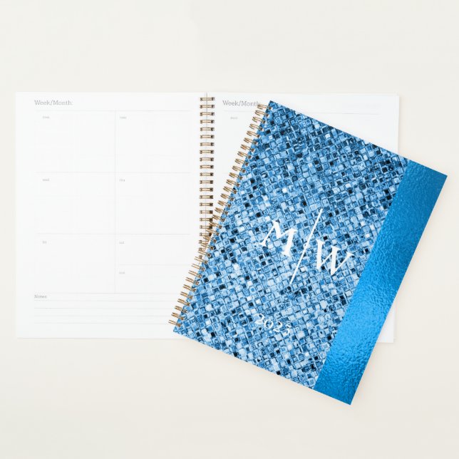 Agenda Olho De Luxo Azul Elegante Monograma (Exibição)