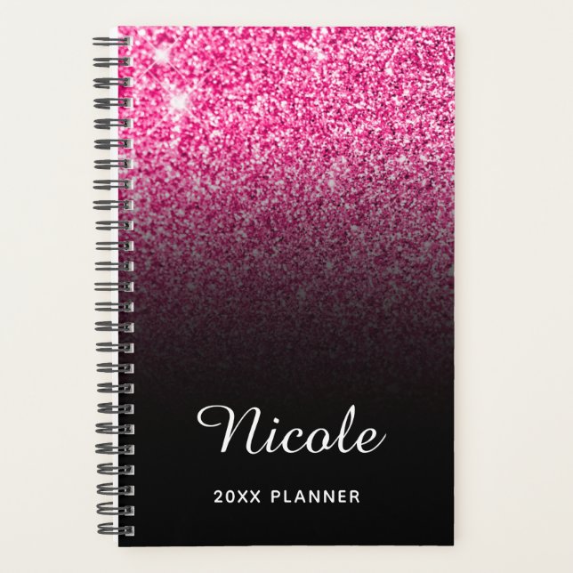 Agenda Ombre de brilho rosa-quente preto personalizado (Frente)