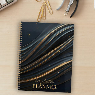Agenda Ondas Negras Elegantes com Destaques do Ouro