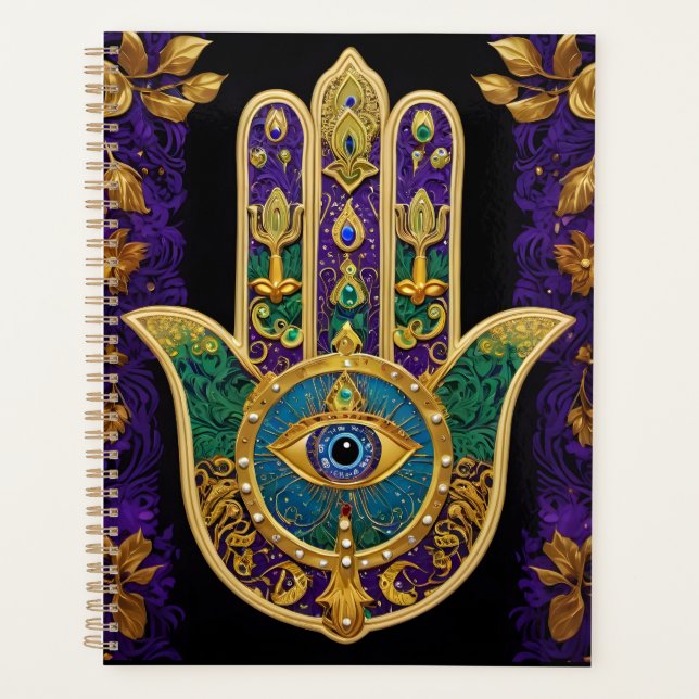 Agenda Ornamentado Dourado Terceiro Olho Hamsa (Frente)