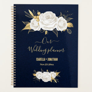 Agenda ouro branco floral azul marinho casamento