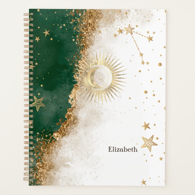 Agenda Ouro Celestial Sol e Lua Estrelas Verde (Frente)