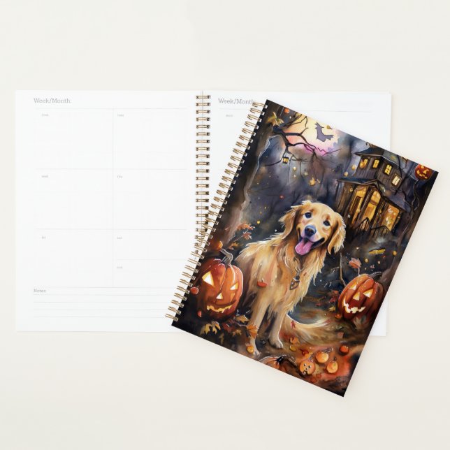 Agenda Ouro De Halloween Retriever Com Pumpkins Assustado (Exibição)