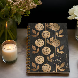 Agenda Ouro elegante Rosas Deco em preto