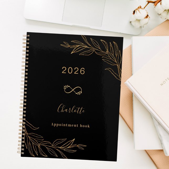 Agenda ouro negro folhagem botânica elegante (Criador carregado)