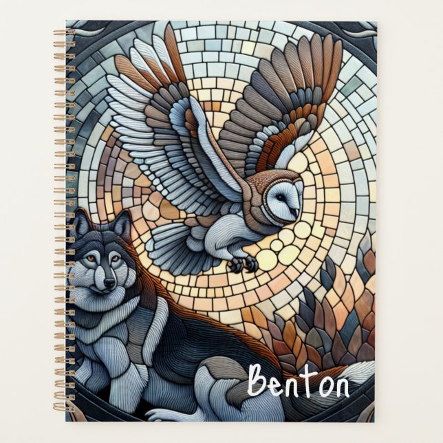 Agenda Owl e Wolf Mosaic Ai Art personalizados (Frente)