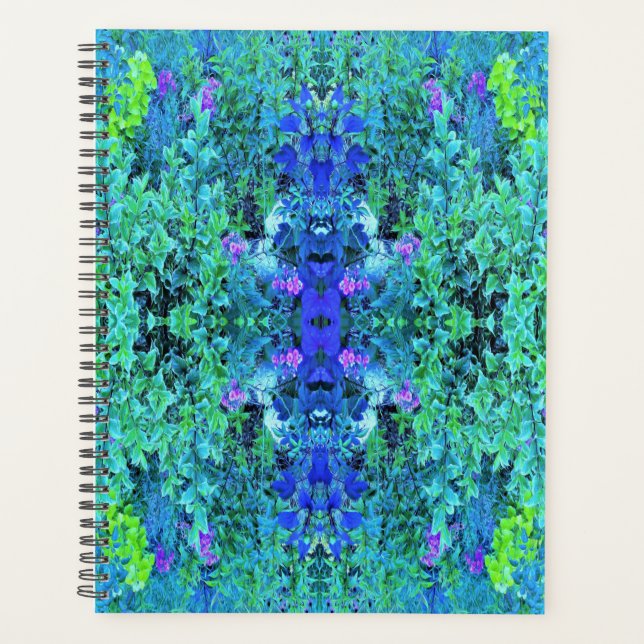 Agenda Padrão Abstrato de Folhagem em Chartreuse e Azul (Frente)