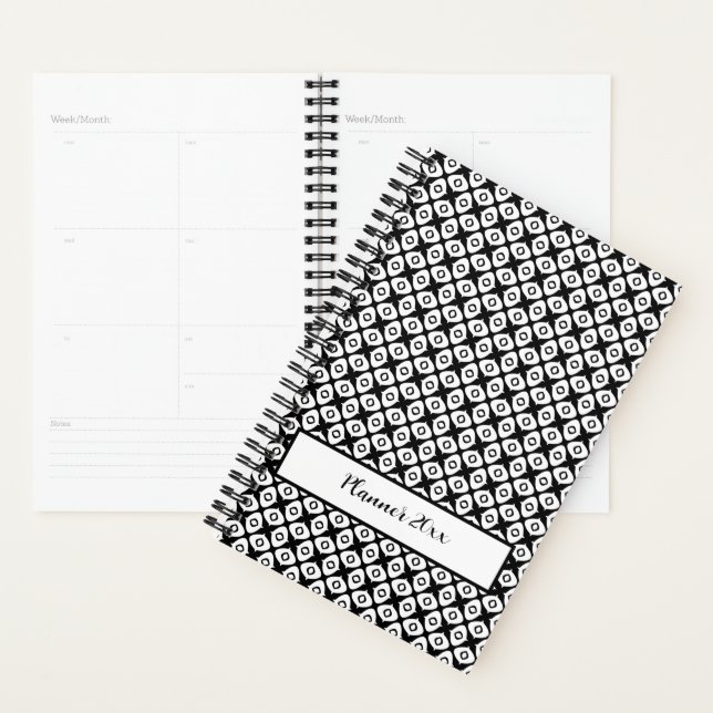 Agenda Padrão Arabesco Simétrico Preto e Branco Ousado (Exibição)
