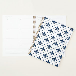 Agenda Padrão azul escuro Fleur De Lis sobre fundo branco