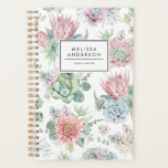Agenda Padrão bonito de Suculentes de Pastel de Aquarela<br><div class="desc">Planeador personalizado feminino com ilustrações de aquarela de suculentos e flores cor-de-rosa,  azuis e verdes pastel. Personalize adicionando seu nome ou frase curta. Este bonito planejador floral sucinto será perfeito como presente personalizado. Itens correspondentes estão disponíveis.</div>