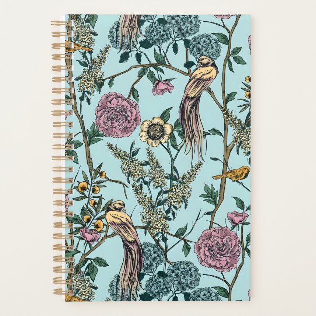 Agenda Padrão botânico em azul estilo vintage (Frente)