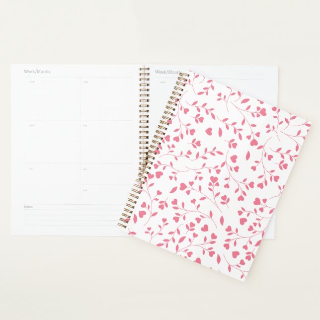 Agenda Padrão Branco de Videiras com Coração Rosa Românti (Exibição)