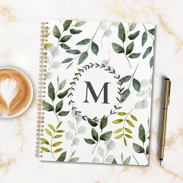 Agenda Padrão de Aquarela das Folhas Verdes Monogramadas 