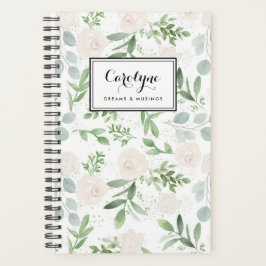 Agenda Padrão de Aquarela Verde e Flores Brancas