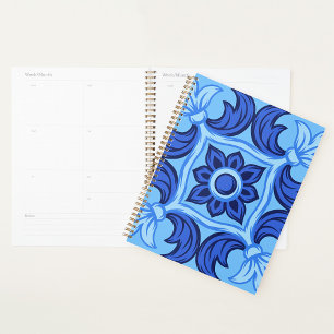 Agenda Padrão de Azulejo Floral Azul Vintage Mediterrâneo