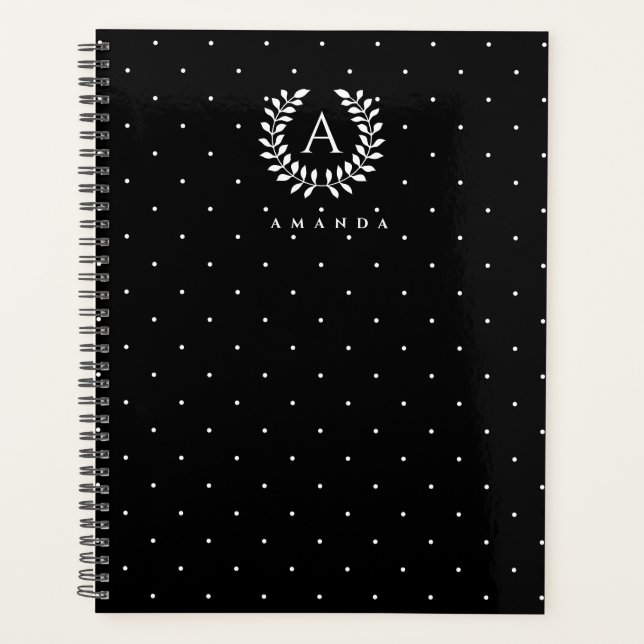 Agenda Padrão de bolinhas brancas em preto com monograma  (Frente)