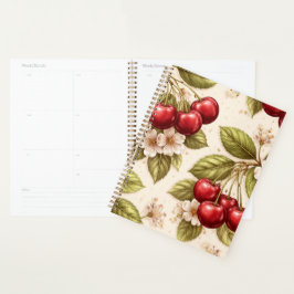 Agenda Padrão de Cerejeira Vintage com Cerejas Vermelhas