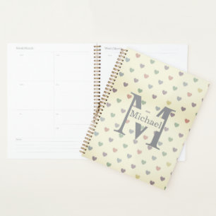Agenda Padrão de Coração Pastel Minimalista com Monograma