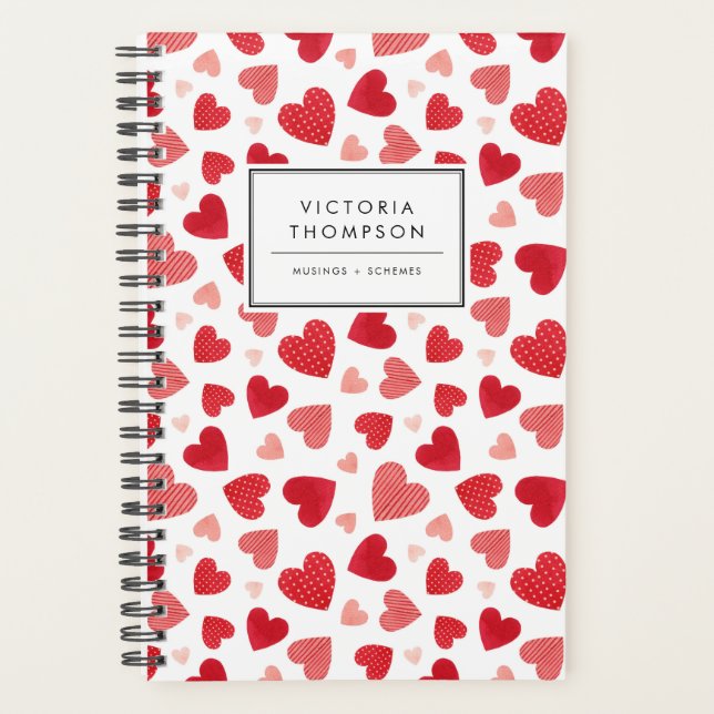 Agenda Padrão de Corações Vermelhos em Patchwork de Aquar (Frente)