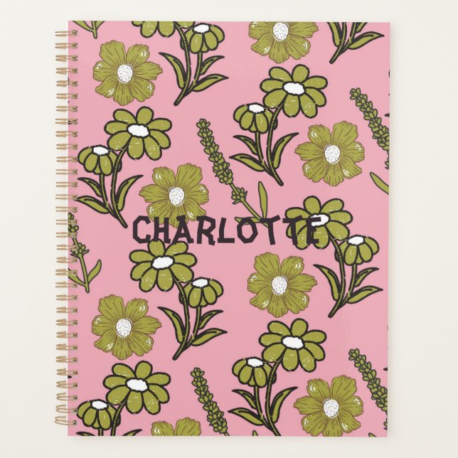 Agenda Padrão de Flor de Hippie Funky Y2K Retro Rosa Verd (Frente)