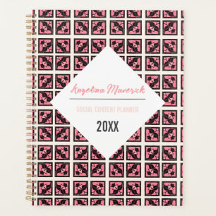 Agenda Padrão de Flores Pretas e Quadradas Rosa-Elegantes
