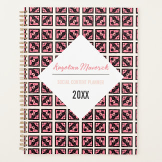 Agenda Padrão de Flores Pretas e Quadradas Rosa-Elegantes