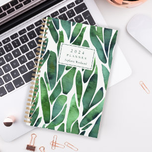 Agenda Padrão de Folhagem de Aquarela Verde Monograma 202