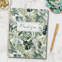 Padrão de Folhas Tropicais Verdes Aquarela Monogra